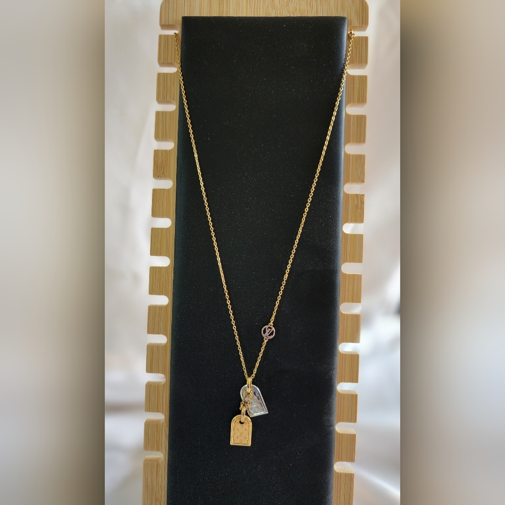 Authentic Louis Vuitton Nanogram Gold & S Necklace with Lock and Key Charms